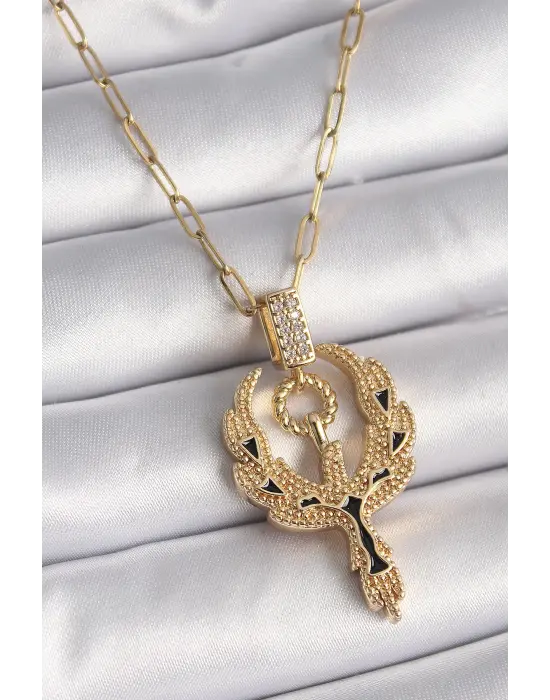  Altın  Zirkon Taşlı Anka Kuşu Model  Çelik Kolye