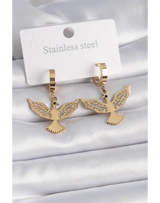   Altın Zirkon Taşlı Anka Kuşu Model Çelik Küpe