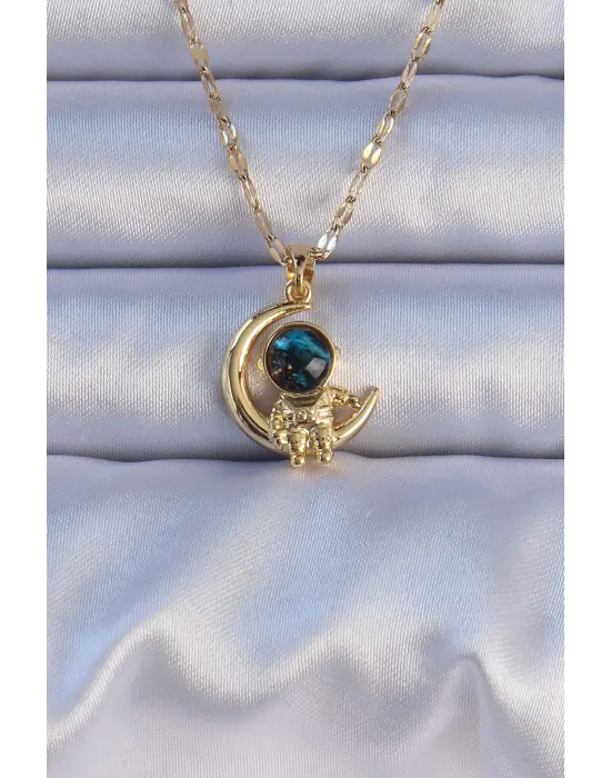  Altın  Zirkon Taşlı Astronot Figürlü Gezegen Çelik Kolye