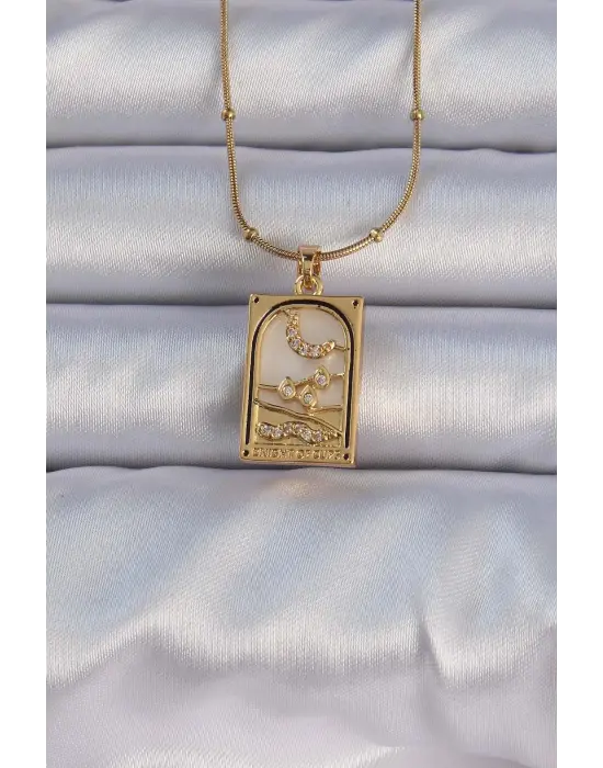  Altın  Zirkon Taşlı Ay Figürlü Tarot Çelik Kolye