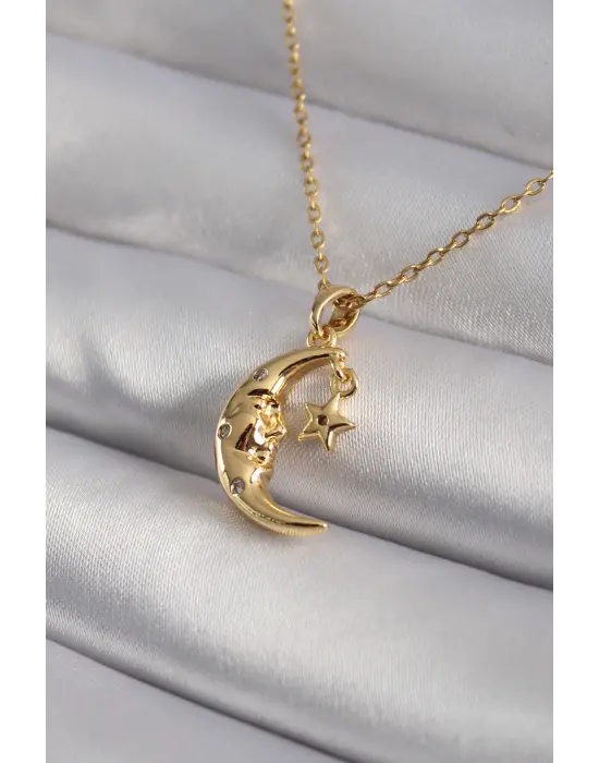  Altın  Zirkon Taşlı Ay Yıldız Model  Çelik Kolye