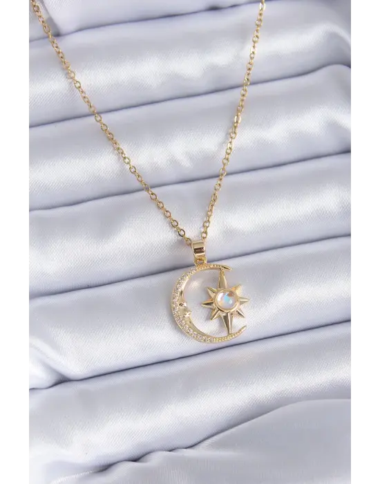  Altın  Zirkon Taşlı Ay Yıldız Model  Çelik Kolye