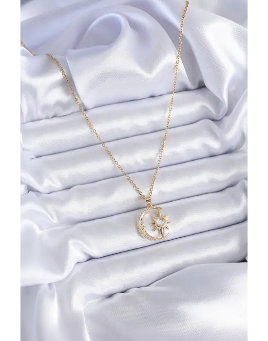  Altın  Zirkon Taşlı Ay Yıldız Model  Çelik Kolye
