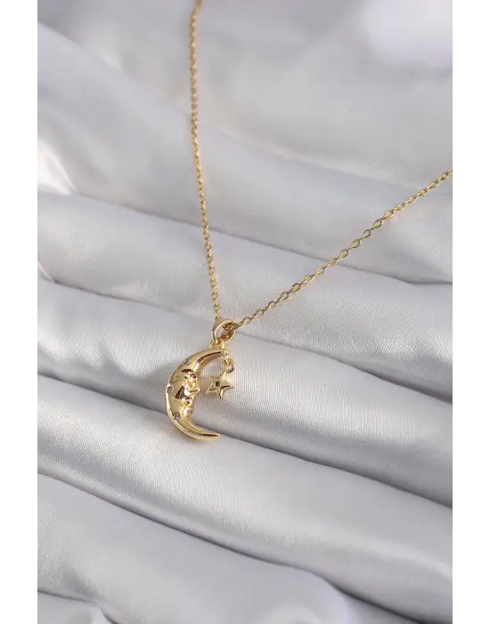  Altın  Zirkon Taşlı Ay Yıldız Model  Çelik Kolye