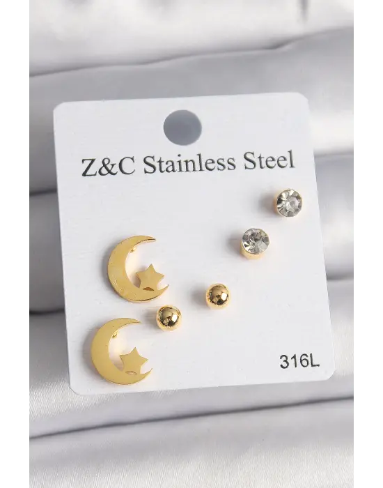   Altın Zirkon Taşlı Ay Yıldız Model Çelik Küpe Seti