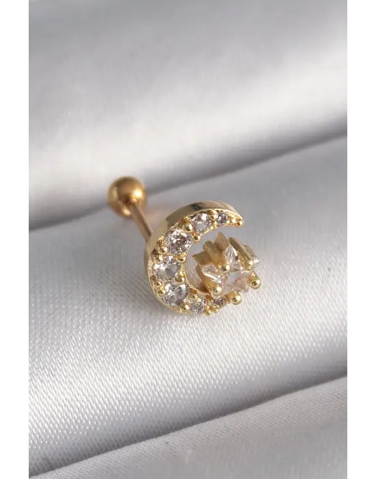 316L Çelik Gold Renk Zirkon Taşlı Ay Yıldız Tragus Piercing