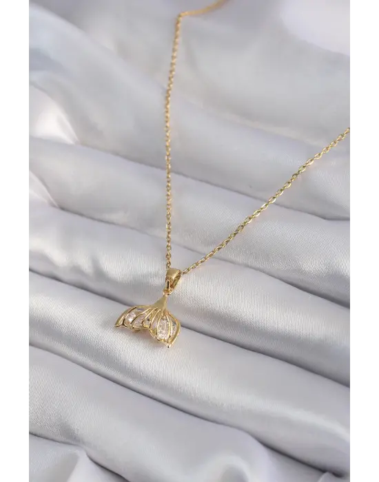  Altın  Zirkon Taşlı Balık Kuyruğu Model  Çelik Kolye