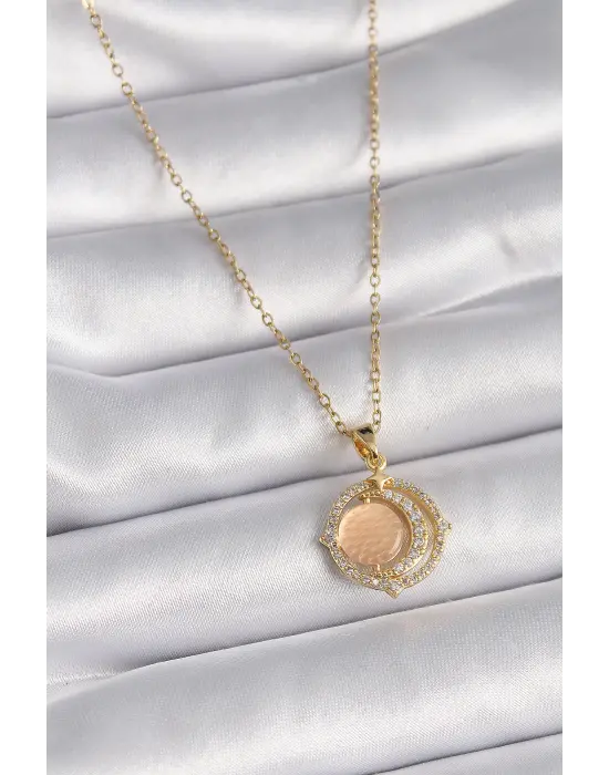  Altın  Zirkon Taşlı Bej Sedefli Hilal Model  Çelik Kolye