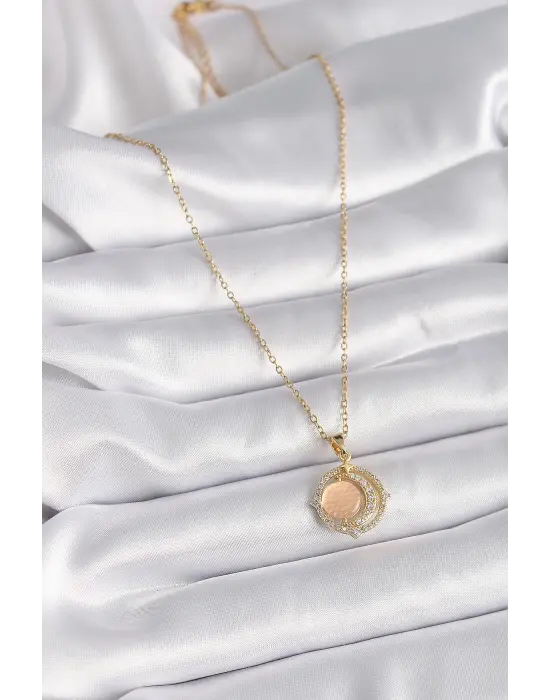  Altın  Zirkon Taşlı Bej Sedefli Hilal Model  Çelik Kolye