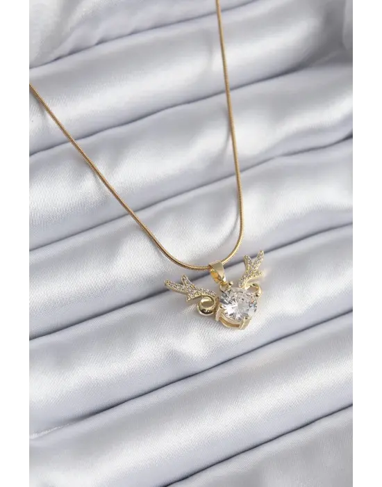  Altın  Zirkon Taşlı Boynuz Model  Çelik Kolye