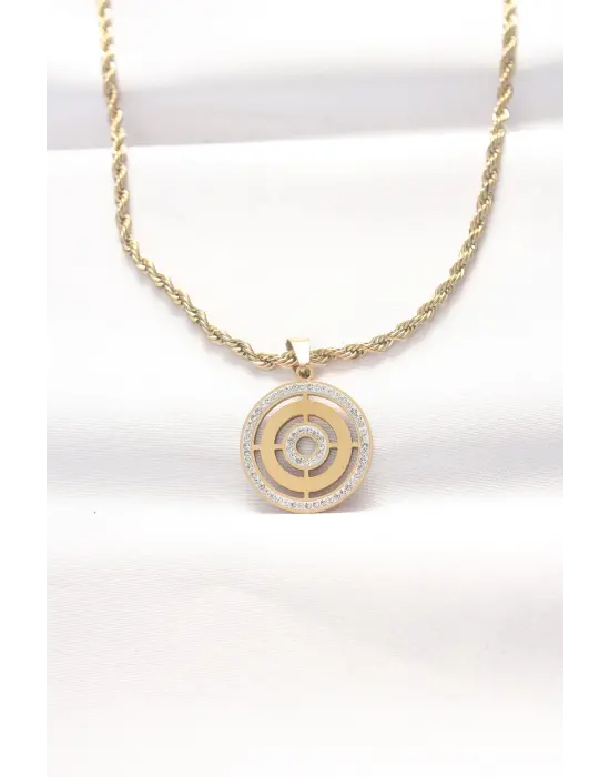  Altın  Zirkon Taşlı Burgu Zincirli Çelik Kolye