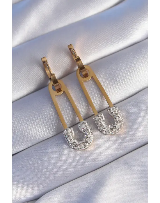   Altın Zirkon Taşlı Çengelli İğne Küpe