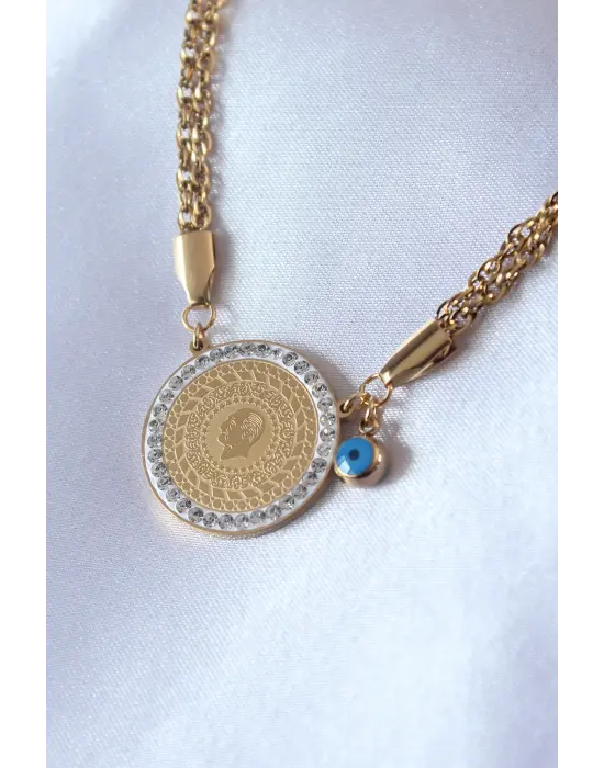  Altın  Zirkon Taşlı Çeyrek Altın  Çelik Kolye