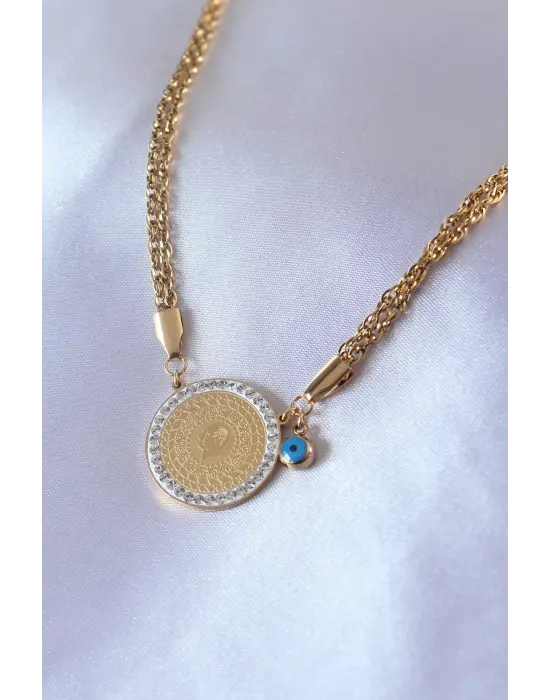  Altın  Zirkon Taşlı Çeyrek Altın  Çelik Kolye