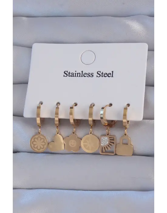   Altın Zirkon Taşlı Çiçek Figürlü Kalp Model Halka Küpe Seti