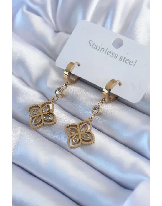   Altın Zirkon Taşlı Çiçek Model Çelik Küpe