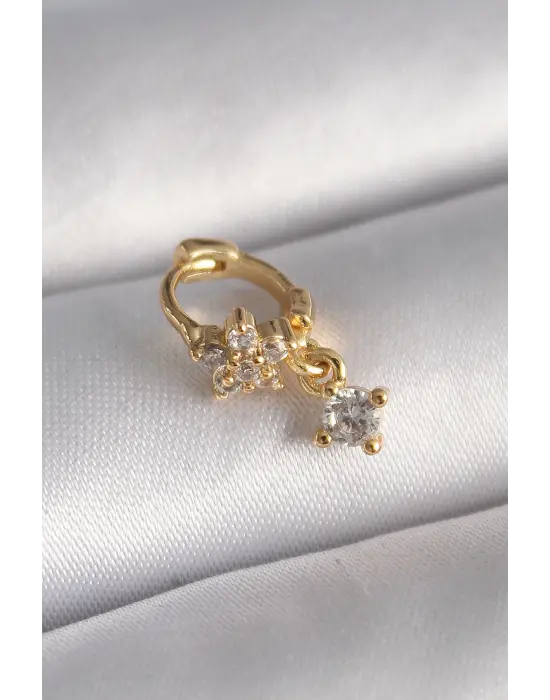 316L Çelik Gold Renk Zirkon Taşlı Çiçek Model Sallantı Detay Tragus Piercing