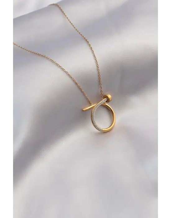 316L Çelik Gold Renk Zirkon Taşlı Çivi Figür Kadın Kolye