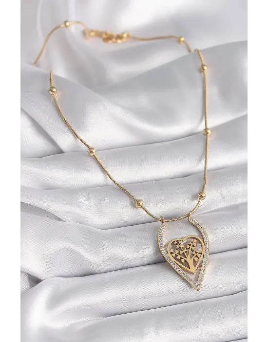  Altın  Zirkon Taşlı Detaylı Kalp Fidan Model  Çelik Kolye