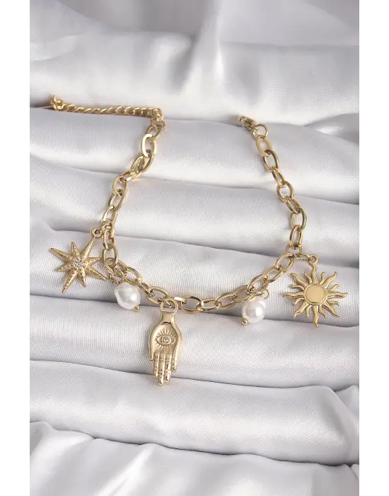 316L Çelik Gold Renk Zirkon Taşlı Fatma Ana El Figür Güneş Detay Kadın Bileklik