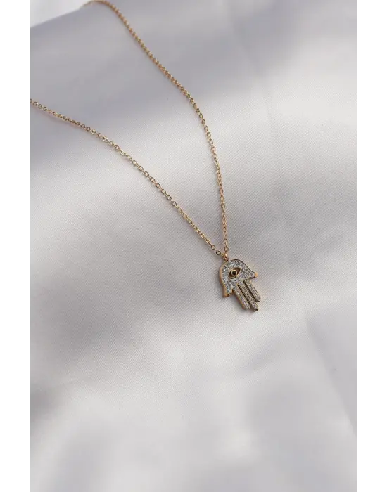 316L Çelik Gold Renk Zirkon Taşlı Fatma Ana El Model Kadın Kolye