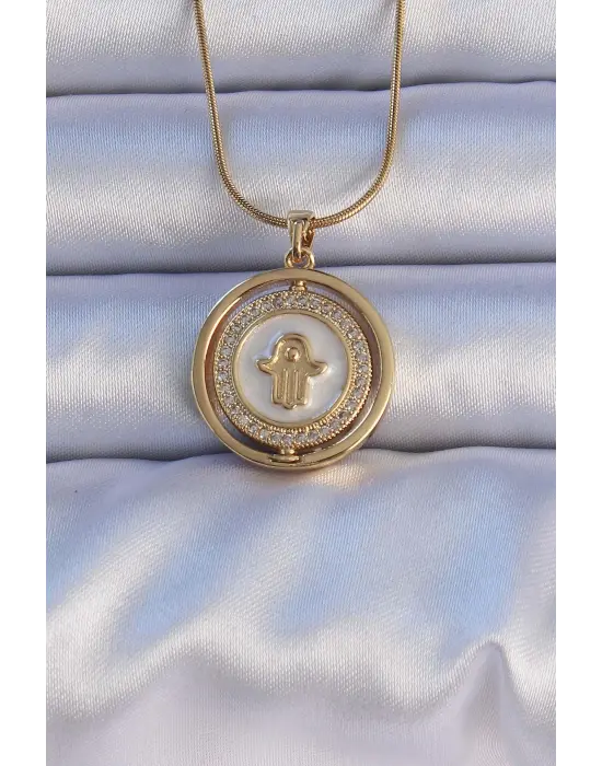  Altın  Zirkon Taşlı Fatma Ana Eli Figürlü Çelik Kolye