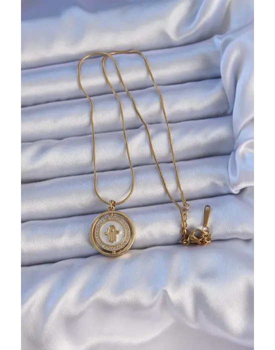  Altın  Zirkon Taşlı Fatma Ana Eli Figürlü Çelik Kolye