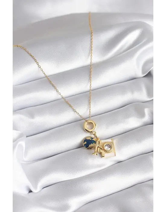  Altın  Zirkon Taşlı Fotoğraf Makinesi Uçak Dünya Figürlü  Çelik Kolye