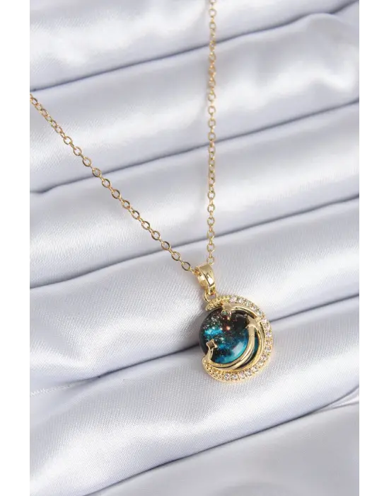 316L Çelik Gold Renk Zirkon Taşlı Gezegen Model Kadın Kolye