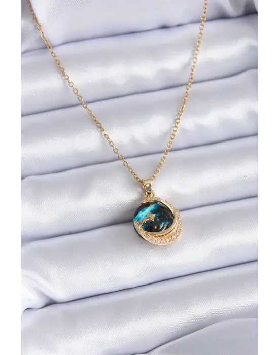 316L Çelik Gold Renk Zirkon Taşlı Gezegen Model Kadın Kolye