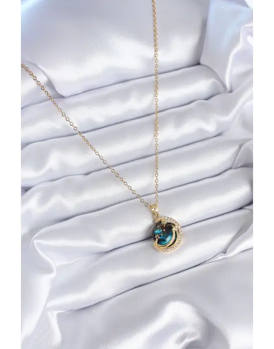 316L Çelik Gold Renk Zirkon Taşlı Gezegen Model Kadın Kolye