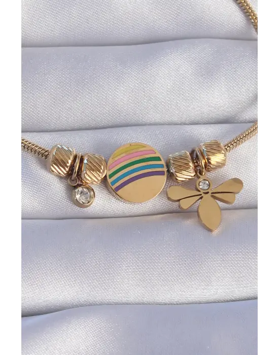 316L Çelik Gold Renk Zirkon Taşlı Gökkuşağı Tasarımlı Yusufçuk Bileklik