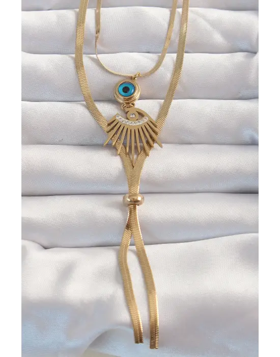  Altın  Zirkon Taşlı Göz Detay Nazarlı Uzun Asansör Model Çelik Kolye