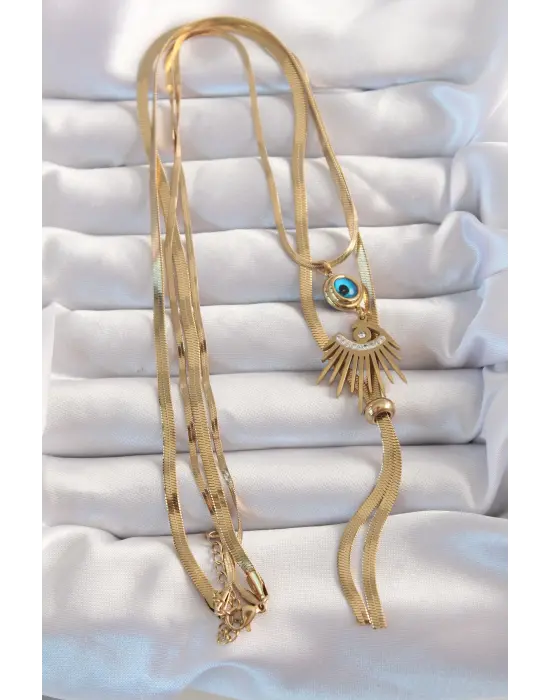  Altın  Zirkon Taşlı Göz Detay Nazarlı Uzun Asansör Model Çelik Kolye