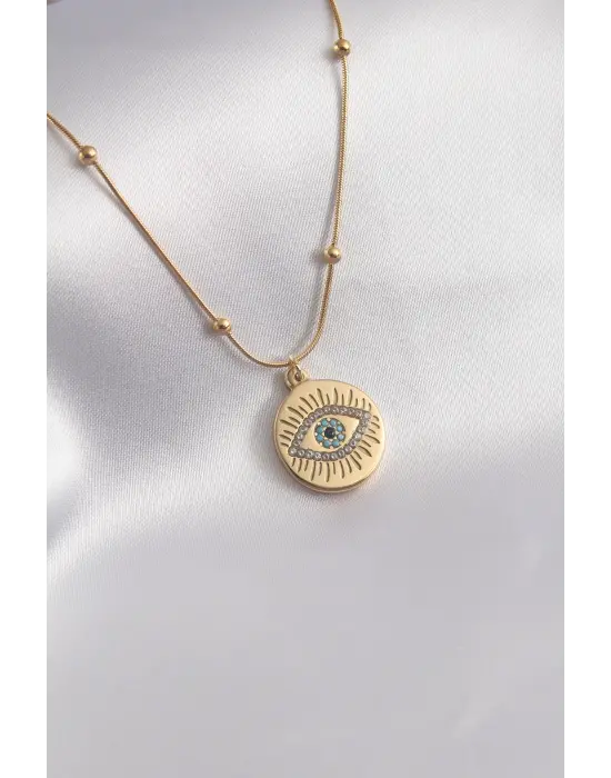 316L Çelik Gold Renk Zirkon Taşlı Göz İşleme Kadın Kolye