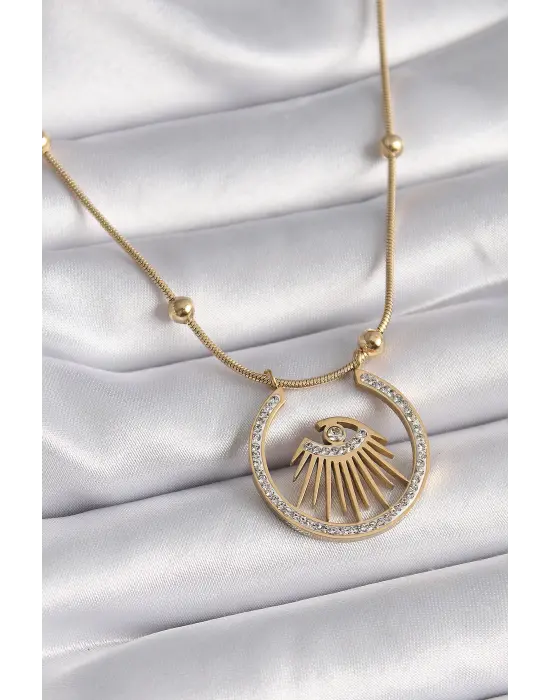  Altın  Zirkon Taşlı Göz Model  Çelik Kolye