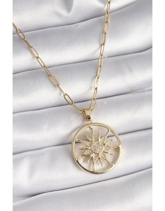  Altın  Zirkon Taşlı Güneş Madalyon Model  Çelik Kolye
