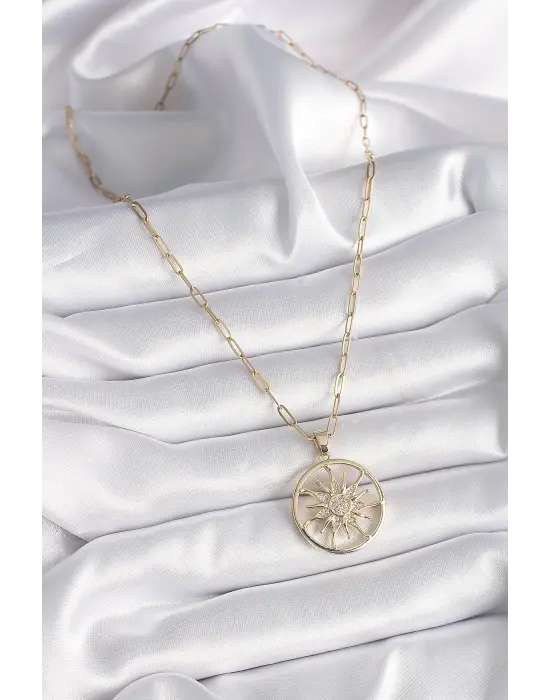  Altın  Zirkon Taşlı Güneş Madalyon Model  Çelik Kolye