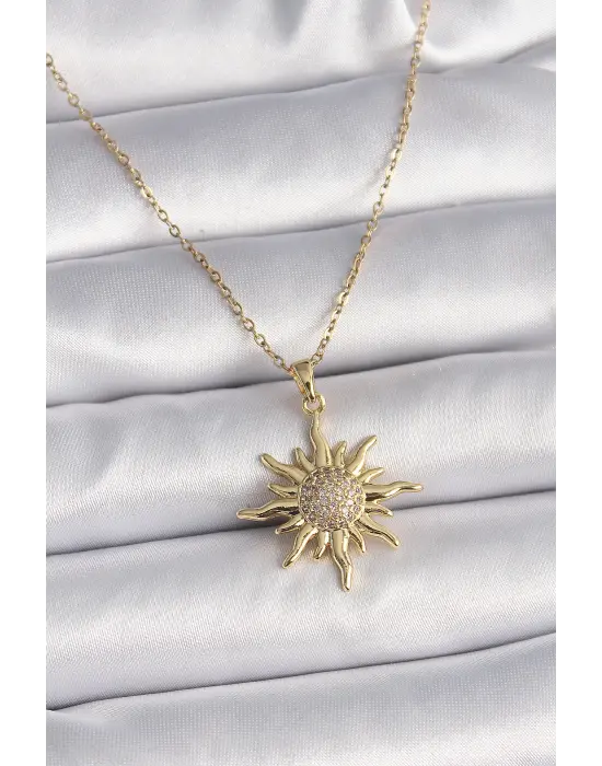  Altın  Zirkon Taşlı Güneş Model  Çelik Kolye