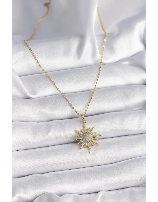  Altın  Zirkon Taşlı Güneş Model  Çelik Kolye