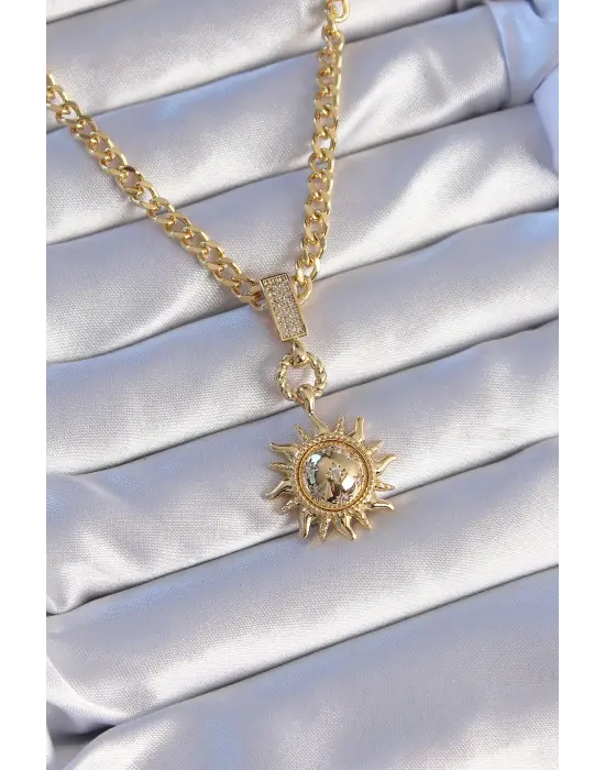  Altın  Zirkon Taşlı Güneş Model Çelik Kolye