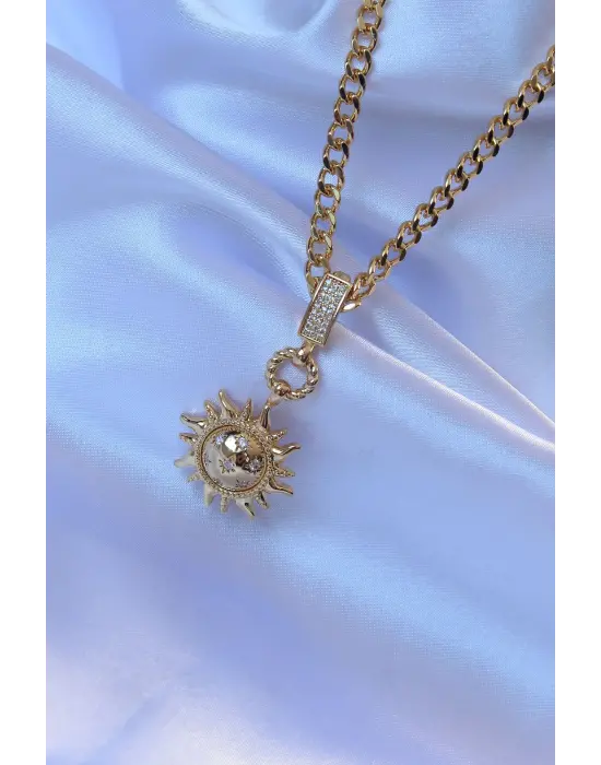  Altın  Zirkon Taşlı Güneş Model Çelik Kolye