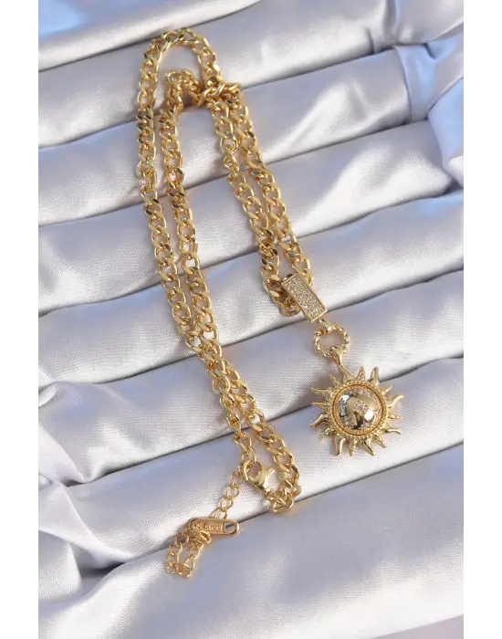  Altın  Zirkon Taşlı Güneş Model Çelik Kolye