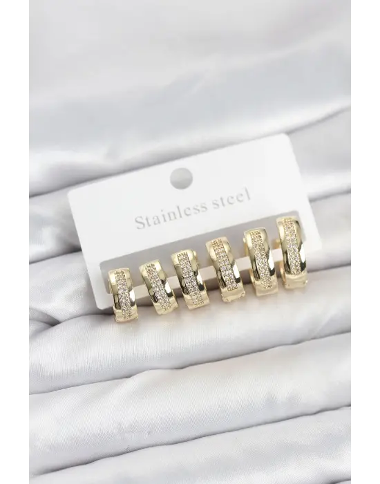 316L Çelik Gold Renk Zirkon Taşlı Halka Küpe Seti