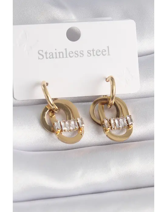   Altın Zirkon Taşlı Halka Model Çelik Küpe