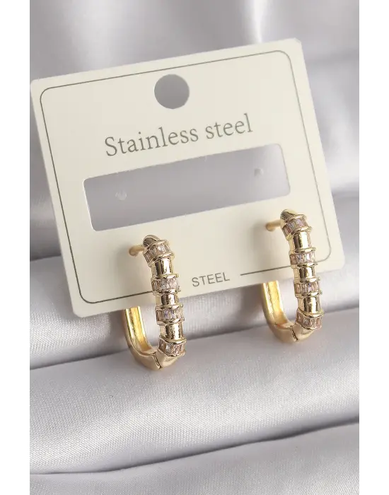   Altın Zirkon Taşlı Halka Model Çelik Küpe