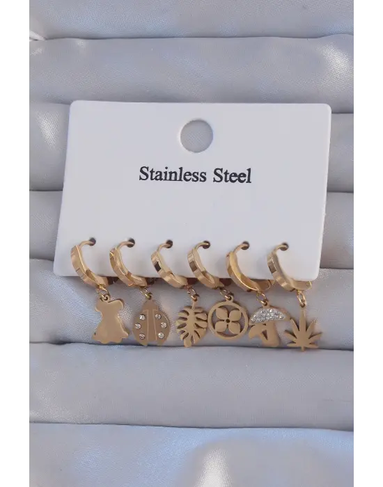   Altın Zirkon Taşlı Hayvan Figürlü Yaprak Model Halka Küpe Seti
