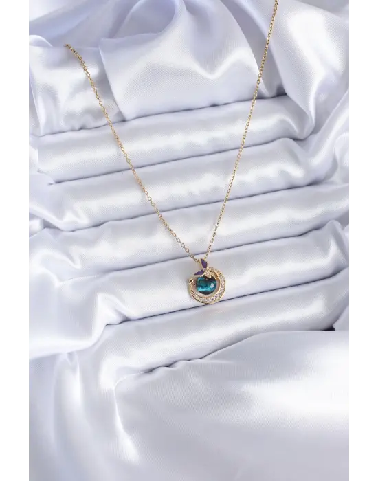 316L Çelik Gold Renk Zirkon Taşlı Hilal Gezegen Model Kadın Kolye