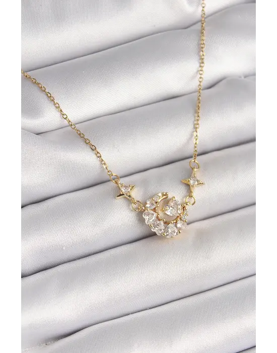 316L Çelik Gold Renk Zirkon Taşlı Hilal Kalp Model Kadın Kolye