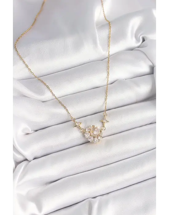 316L Çelik Gold Renk Zirkon Taşlı Hilal Kalp Model Kadın Kolye